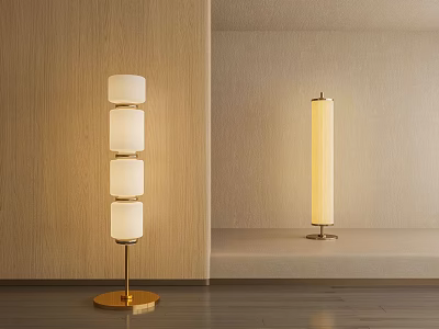 Modern Floor Lamps With Stacked White Cylindrical Shades And Golden Base In Contemporary Room 3d model