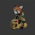 Cute Red Panda Character Wearing Golden Armor With Dragon Headed Weapon And Colorful Details
