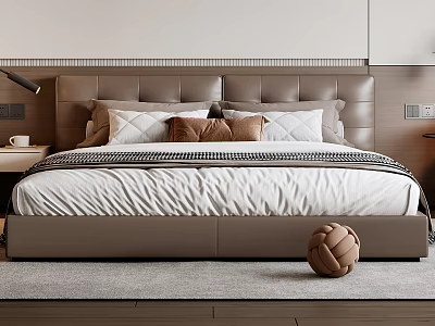 Double Bed With Brown Leather Headboard White Brown Pillows And Black White Striped Bed Runner 3d model
