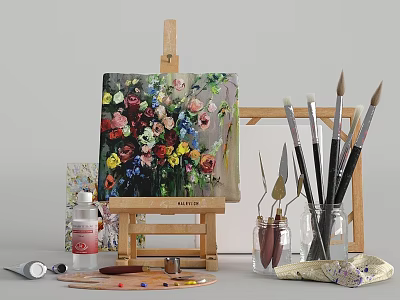 Artistic Decorative Set With Floral Painting On Easel Paintbrushes Paint Bottles And Palette 3d model