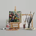 Artistic Decorative Set With Floral Painting On Easel Paintbrushes Paint Bottles And Palette