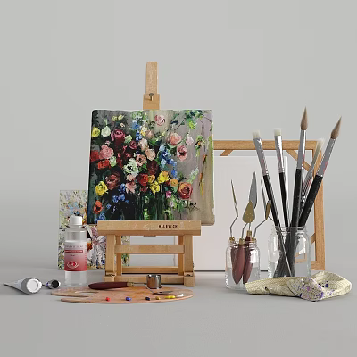 Artistic Decorative Set With Floral Painting On Easel Paintbrushes Paint Bottles And Palette 3d model