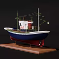 Detailed Decorative Model Ship With White Blue Green And Red Hull On Wooden Base