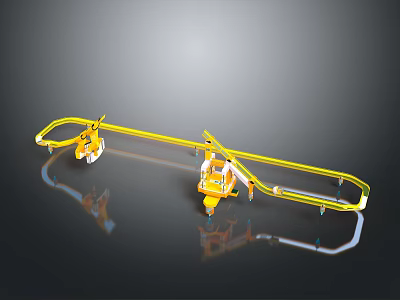 Yellow Mechanical Apparatus With Rail Track And Dual Devices On Reflective Surface 3d model