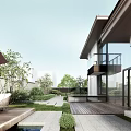 Modern Detached Villa Featuring Large Glass Windows Gray Exterior Walls Balcony and Green Garden