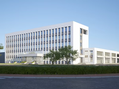 Modern White Office Building With Large Glass Windows And Surrounding Trees 3d model