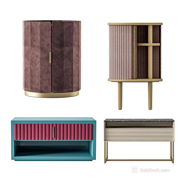 Stylish Bedside Tables Featuring Velvet Striped Panels Gold Base And Colorful Details 3d model 