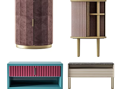 Stylish Bedside Tables Featuring Velvet Striped Panels Gold Base And Colorful Details 3d model