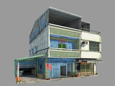 Two Story Commercial Building Exterior With Green Wall Tiles Blue Roller Shutters And Shop Facade 3d model