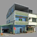 Two Story Commercial Building Exterior With Green Wall Tiles Blue Roller Shutters And Shop Facade