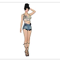Stylish Woman Wearing Crop Top Denim Shorts And Strappy High Heels In Three Quarter Views