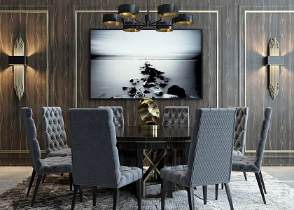 Restaurant round dining table and chair wall lamp chandelier combination 3d model