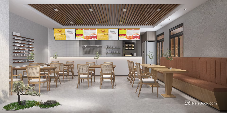 Cozy Modern Dessert Shop Interior With Wooden Furniture Counter Menu Boards And Green Plants 3d model 