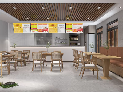Cozy Modern Dessert Shop Interior With Wooden Furniture Counter Menu Boards And Green Plants 3d model