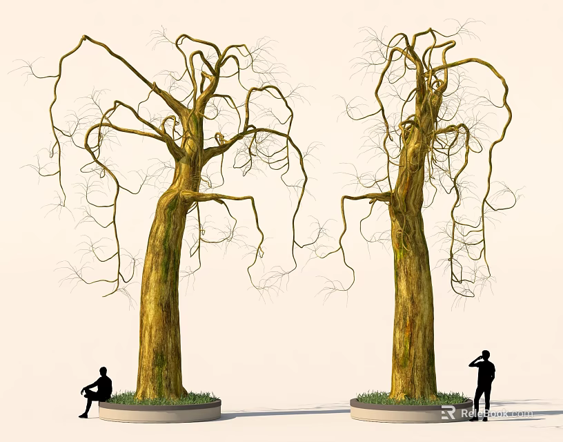 Two Tall Leafless Trees With Thick Trunks Hanging Branches And People Figures Near Circular Bases 3d model 