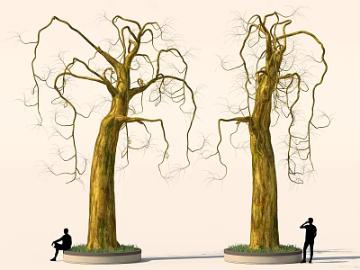 Two Tall Leafless Trees With Thick Trunks Hanging Branches And People Figures Near Circular Bases 3d model