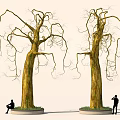 Two Tall Leafless Trees With Thick Trunks Hanging Branches And People Figures Near Circular Bases