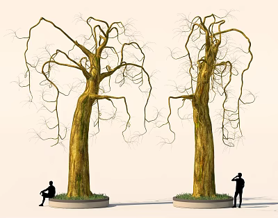 Two Tall Leafless Trees With Thick Trunks Hanging Branches And People Figures Near Circular Bases 3d model