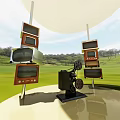 Vintage TVs Stacked With Film Projector On Green Grass Field With Trees