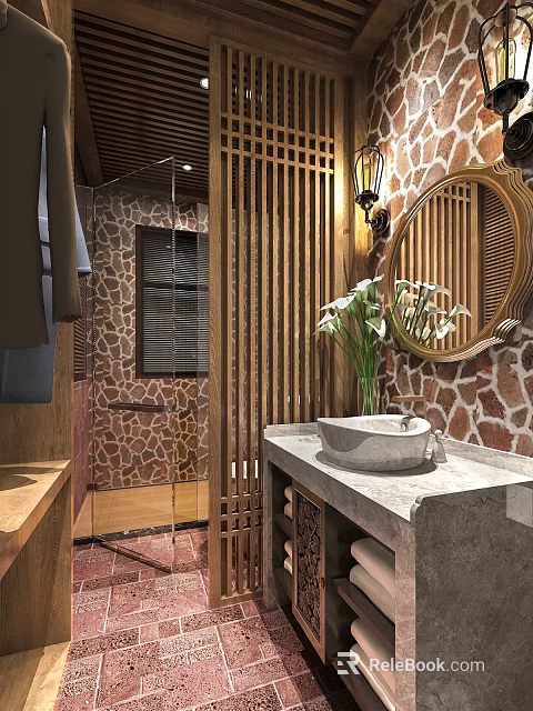 Elegant Hotel Bathroom Interior With Stone Wall Wooden Partition Circular Mirror And Stone Sink 3d model 