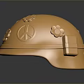 Elegant Golden Weapon Helmet Adorned With Peace Symbol And Floral Designs