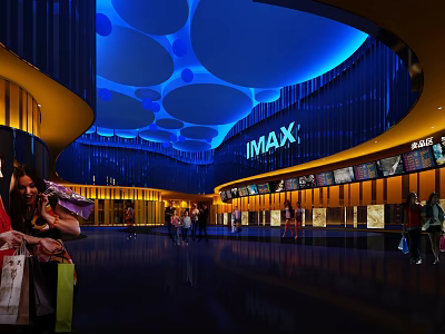 Modern Cinema Lobby With IMAX Sign And Shoppers Under Blue Lighting 3d model