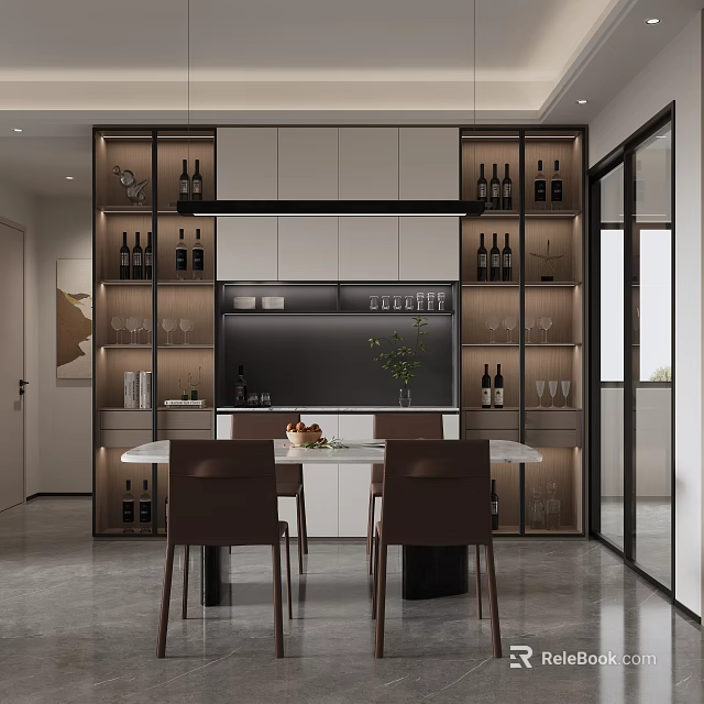 Modern Open Restaurant Interior Design With Wine Racks Dining Table And Brown Chairs 3d model