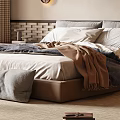 Serene Bedroom Interior With Large Windows Blinds Wooden Floor Rug And Plants