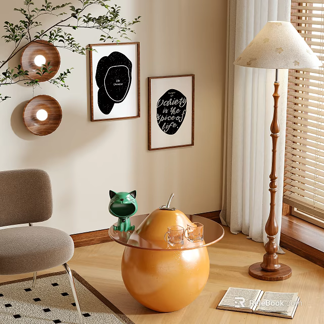 Modern Living Room Coffee Table With Green Cat Figurine Clear Glass Top Orange Spherical Base 3d model 
