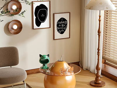 Modern Living Room Coffee Table With Green Cat Figurine Clear Glass Top Orange Spherical Base 3d model