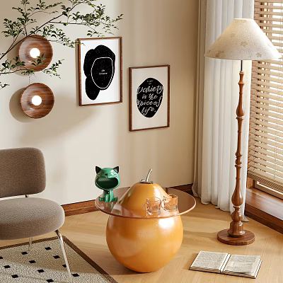Modern Living Room Coffee Table With Green Cat Figurine Clear Glass Top Orange Spherical Base 3d model