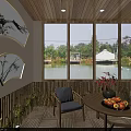 Traditional Bamboo Restaurant Interior With Round Dining Table Wooden Chairs Chandeliers And Green Plants