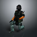 Tactical Gear Equipped Figure In Kneeling Stance With Black Helmet Orange Sleeves And Camouflage Pants