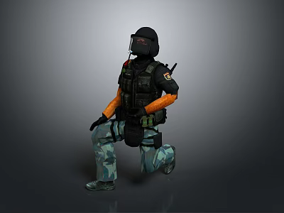 Tactical Gear Equipped Figure In Kneeling Stance With Black Helmet Orange Sleeves And Camouflage Pants 3d model