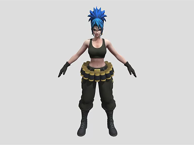 Blue Haired Female Character With Black Tank Top Yellow Ammo Belt And Fantasy Creature Companion 3d model