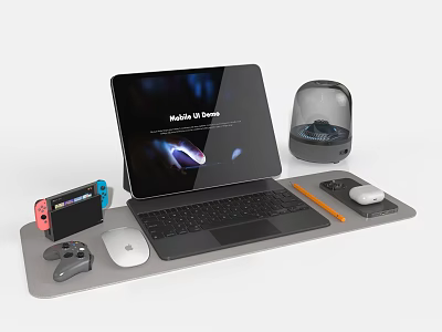 Modern Laptop Workstation Setup with External Keyboard Mouse Stylus Pen Game Controller and Headphones 3d model