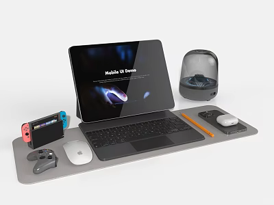 Modern Laptop Workstation Setup with External Keyboard Mouse Stylus Pen Game Controller and Headphones 3d model