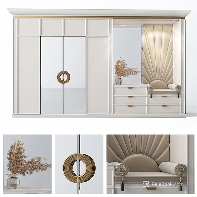Elegant Modern Shoe Cabinet With Mirrored Doors Circular Handle Drawer Unit And Pampas Grass 3d model 