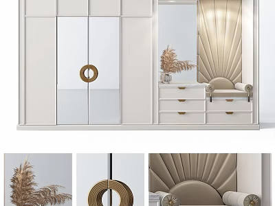 Elegant Modern Shoe Cabinet With Mirrored Doors Circular Handle Drawer Unit And Pampas Grass 3d model
