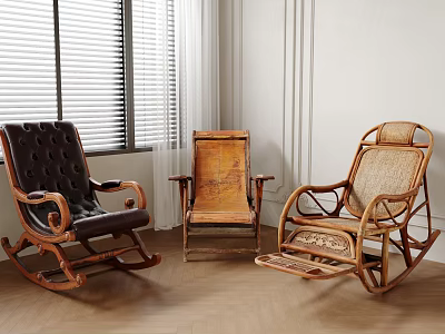 Vintage Rocking Chairs in Interior with Black Leather Yellow Patterned and Rattan on Wooden Floor 3d model