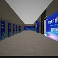 Modern Exhibition Hall Interior With Seating Rows And Blue Digital Screens 3d model
