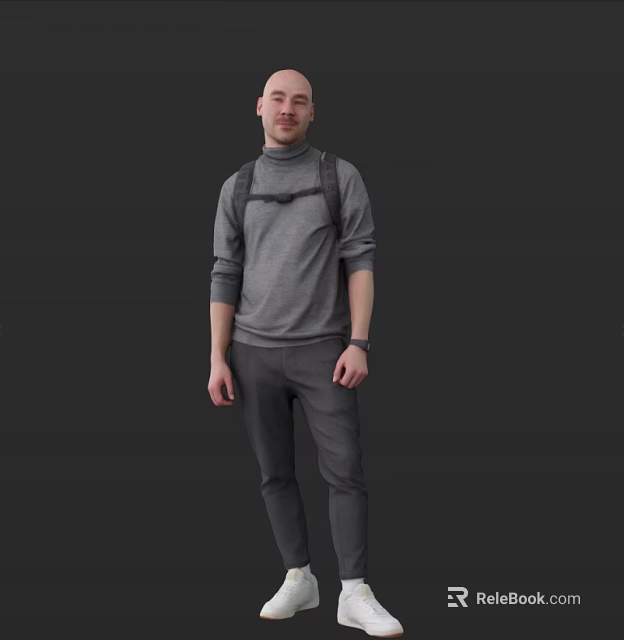 Man in Gray Turtleneck Sweater and Gray Pants with Backpack Standing Against Black Background 3d model 
