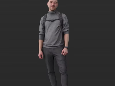 Man in Gray Turtleneck Sweater and Gray Pants with Backpack Standing Against Black Background 3d model