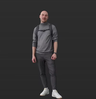 Man in Gray Turtleneck Sweater and Gray Pants with Backpack Standing Against Black Background 3d model