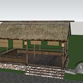 Traditional Thatched House With Wooden Structure Platform Stone Steps And Lanterns In Green Surroundings