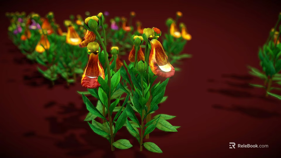 Cartoon Scene Of Colorful Flowers With Red Yellow Petals And Green Leaves On Red Background 3d model 