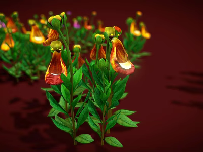 Cartoon Scene Of Colorful Flowers With Red Yellow Petals And Green Leaves On Red Background 3d model