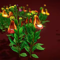 Cartoon Scene Of Colorful Flowers With Red Yellow Petals And Green Leaves On Red Background