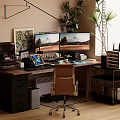 Functional Desk Workspace Setup With Two Monitors Office Chair Plants And Storage Shelves