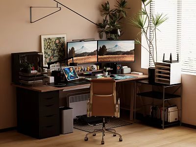 Functional Desk Workspace Setup With Two Monitors Office Chair Plants And Storage Shelves 3d model